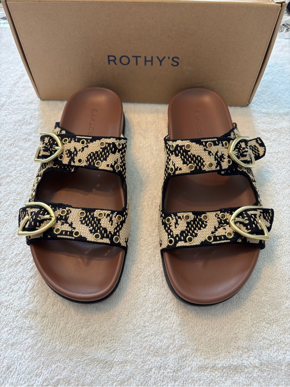Rothy's Black & Brown Double Buckle Slide Sandals